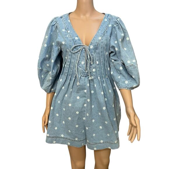 Peach Love California Pants - Peach Love California Polka Dot Denim Romper Large Oversized Puff Sleeve Pleated